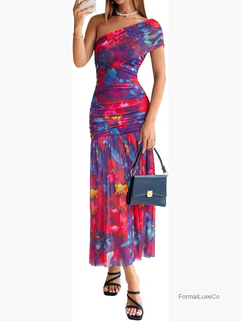 One Shoulder Floral Maxi Dress Sleeveless Ruched Bodycon Summer Wedding Guest